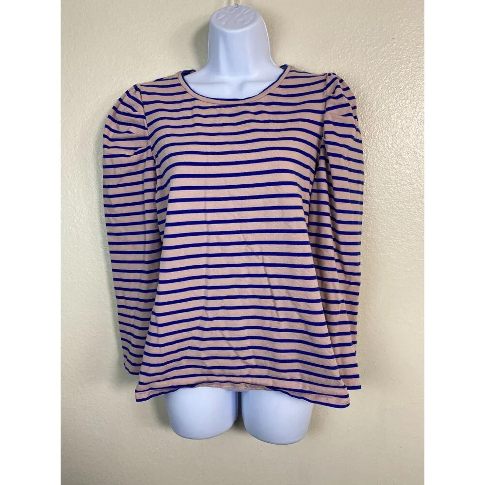 Boden Womens Long Sleeve Striped Top Size 14 Blue Pink Cotton‎ Puff Sleeve Boho